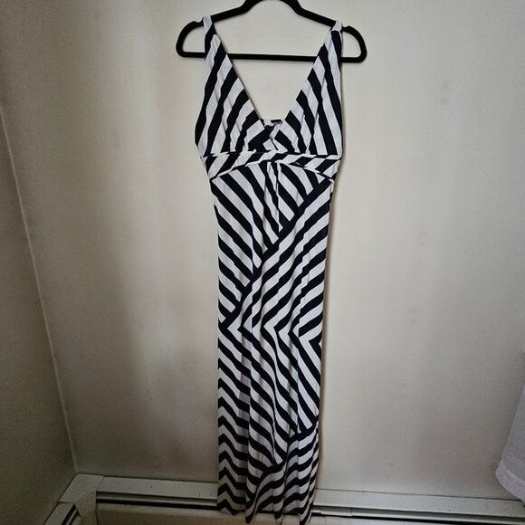 Raindrops Maxi Dress V-Neck Blue White Stripes Strapless Casual Vacation Neutral - Picture 1 of 11